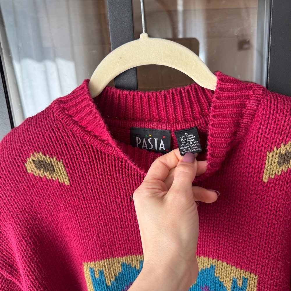 Vintage 90s PASTA chunky Knit Sweater Ramie Cotton butterfly Pullover colorful - Picture 3 of 11